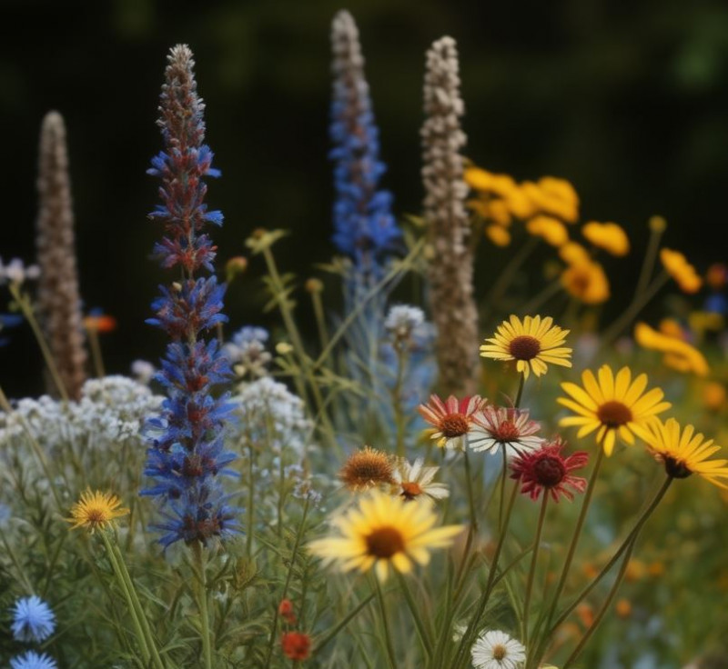     Lepelboom (Kalmia polifolia)     Rudbeckia fulgida 'Goldsturm'     Echinops ritro 'Veitch's Blue'     Solidago rugosa 'Fireworks'     Veronica spicata 'Red Fox'